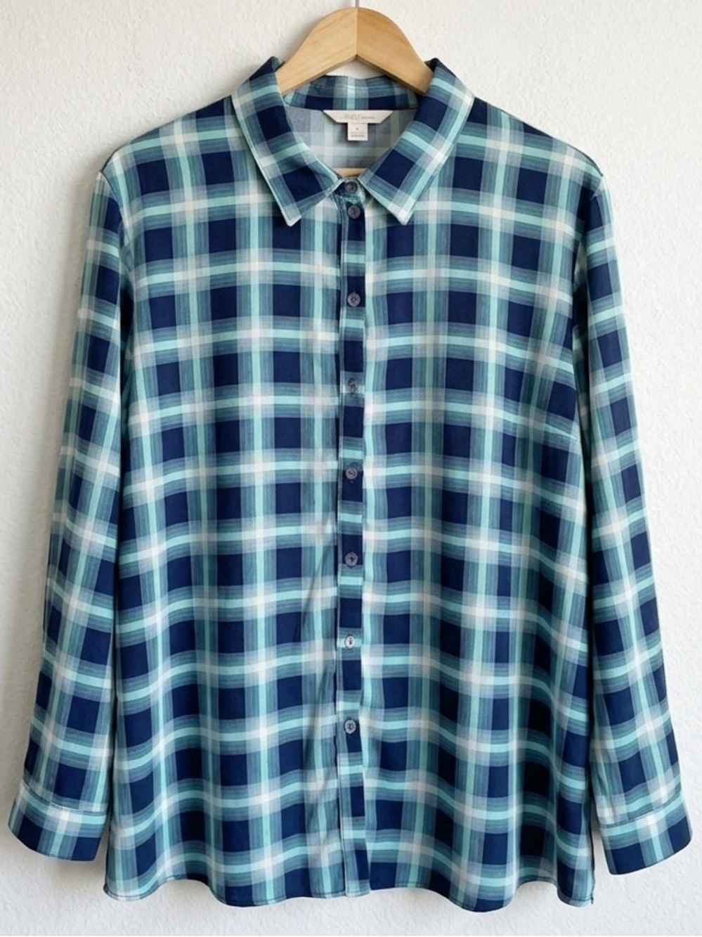 Moa Moa Plaid Tunic Blouse 2X Plus Blue Wrinkle Free Roll Tab Convertible Sleeve